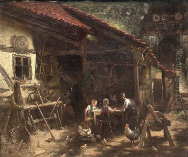 Sonnendurchflutete Ansicht Eines Gehofts Mit Einer Bauernfamilie Bei Der Vesper Oil Painting by Conrad Beckmann