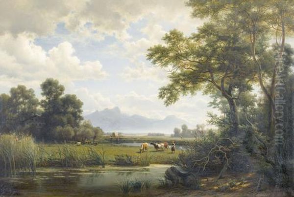 Morgendliche Flussuferpartie Mit Bauerin Und Kuhen Oil Painting by Johannes, Hans Beckmann