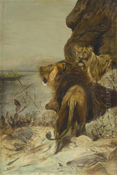 Lowenpaar, Das Ein Feuer In Der Dunstigen Steppe Beobachtet Oil Painting by Wilhelm Friedrich Kuhnert