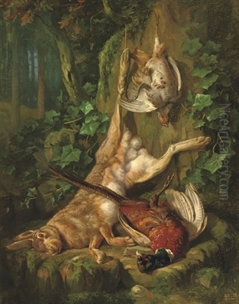 A Still Life With A Hare And Poultry Oil Painting by Anton Funke Kuepper