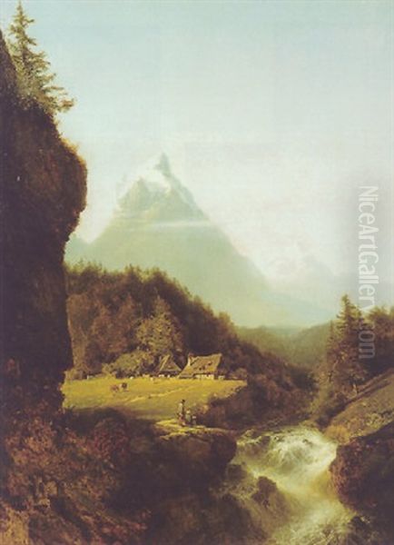 Shepherds Near An Alpine River Oil Painting by Carl Joseph Kuwasseg