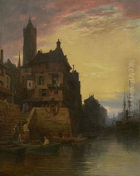 Belgisches Fischerstadtchen Mit Staffagefiguren Oil Painting by Charles Euphrasie Kuwasseg