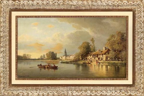 View Of A Riverside Town With A Castle Beyond Oil Painting by Charles Euphrasie Kuwasseg