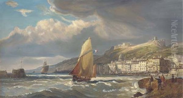 A Fortified Coastal Town, St. Malo (?) Oil Painting by Charles Euphrasie Kuwasseg