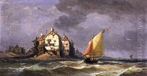 Dorf Am Meer Und Ein Segelboot Mit Franzosischer Flagge Oil Painting by Charles Euphrasie Kuwasseg