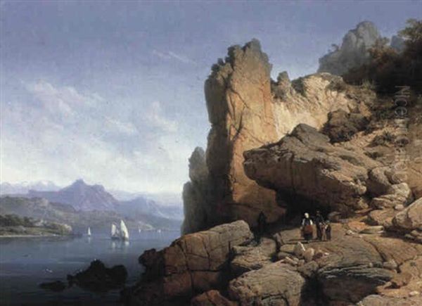 A Rocky Coastline Oil Painting by Charles Euphrasie Kuwasseg
