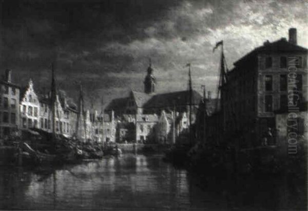 Canal A Anvers Oil Painting by Charles Euphrasie Kuwasseg