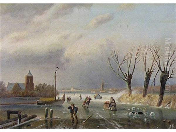 Untitled - Winter Scene-people Skating Oil Painting by Jan Kwinkelenberg