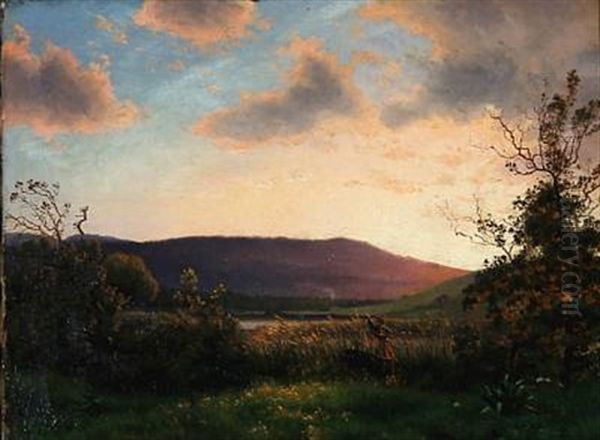 Lake Scene At Sunset Oil Painting by Vilhelm Peter Karl Kyhn