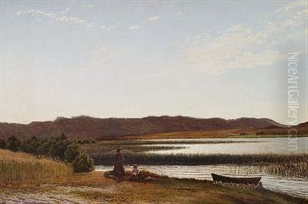 A Mother With A Child At A Lake Shore, Presumably Near Silkeborg Oil Painting by Vilhelm Peter Karl Kyhn