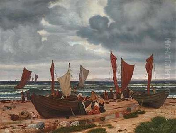 Fiskere Fra Hornbek Komme, Under Uroligt Veir, Iland Fra Sildefangst, I Baggrunden Sees Kullen Oil Painting by Vilhelm Peter Karl Kyhn
