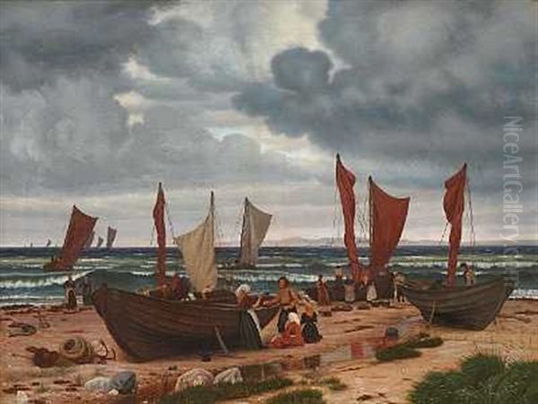 Fiskere Fra Hornbek Komme, Under Uroligt Veir, Iland Fra Sildefangst.i Baggrunden Sees Kullen Oil Painting by Vilhelm Peter Karl Kyhn