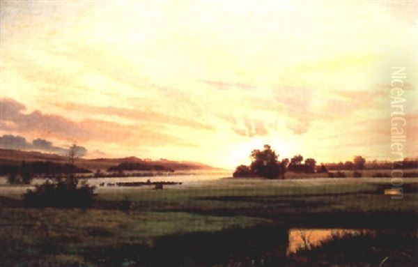 Landskab Ved Solnedgang Med Graessende Koer I Dis Pa Engen Oil Painting by Vilhelm Kyhn