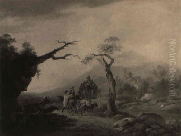 Figures And A Donkey On A Track, A Coach Passing Nearby Oil Painting by Peter La Cave