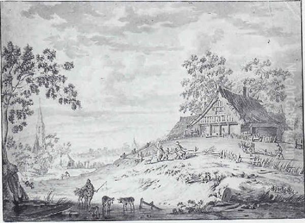 A River Landscape With Villagers And A Town Beyond Oil Painting by Adriaan van der Laan