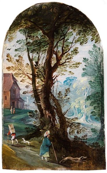 Kleines Landschaftsbild Mit Baumgruppe, Gebaude Und Figurenstaffage Oil Painting by Jasper van der Laanen