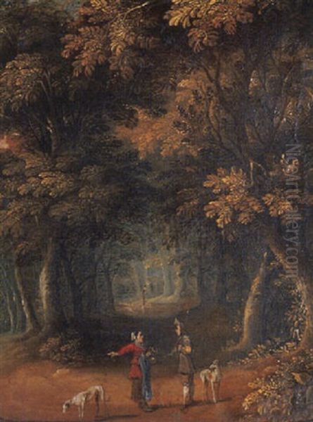 A Wooded Landscape With Peasants On A Path Oil Painting by Jasper van der Laanen