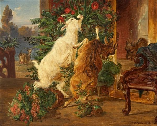 Ungebetene Gaste (ziegen Auf Der Veranda) Oil Painting by F. Sigmund Lachenwitz