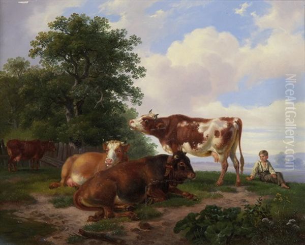 Kuhe Auf Der Weide Mit Hirtenknaben Oil Painting by F. Sigmund Lachenwitz