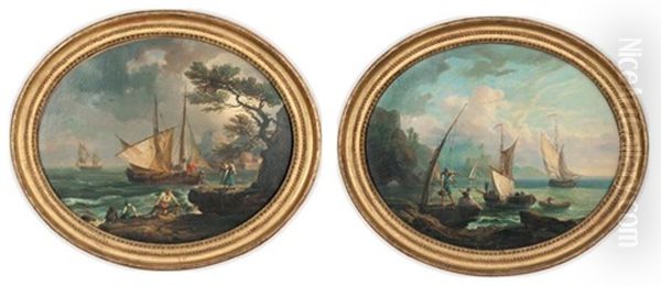 Le Depart Pour La Peche (+ La Remontee Des Filets; 2 Works) Oil Painting by Charles Francois Lacroix