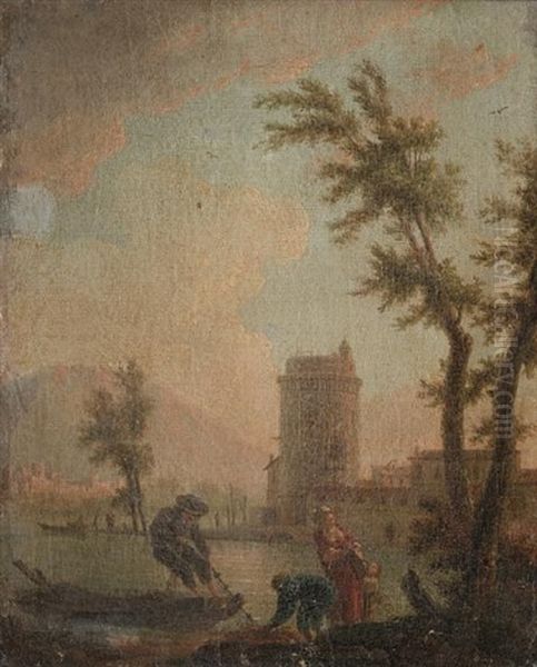 Fishermen Returning From Their Catch, Before A Mediterranean Coastal Landscape, With A City In The Distance Oil Painting by Charles Francois Lacroix