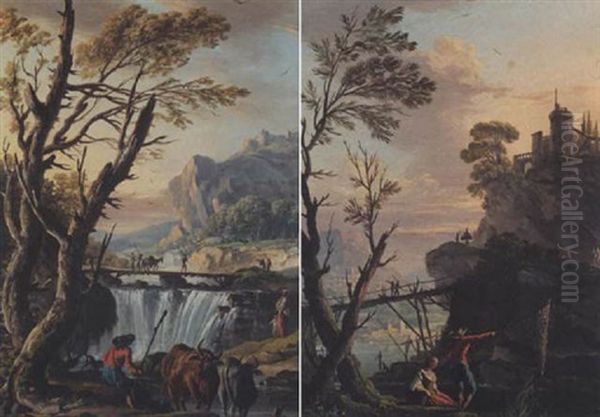 A River Landscape With A Drover Watering His Cattle Before A Bridge Oil Painting by Charles Francois Lacroix