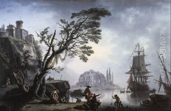 Capriccio Of A Mediterranean Coastline With Numerous Figures Oil Painting by Charles Francois Lacroix