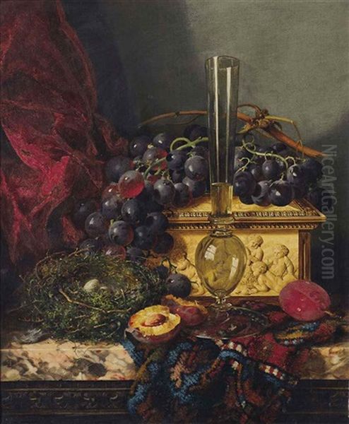 A Flute, With Plums, Grapes, A Bird's Nest And Ivory Casket, On A Persian Carpet On A Marble Ledge Oil Painting by Edward Ladell