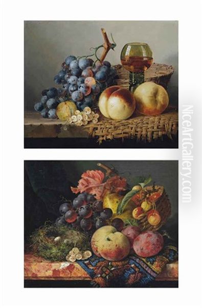 Grapes, A Peach, Cherries, Plums, Whitecurrants And A Birds Nest, On A Marble Ledge; A Glass Of Wine,... And A Wicker Basket, On A Ledge (pair) Oil Painting by Edward Ladell