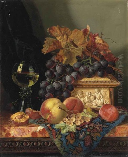 Still Life With Grapes, Peaches, Plums, Whitecurrants, An Ivory Casket And A Roemer, On A Persian Carpet On A Marble Ledge Oil Painting by Edward Ladell