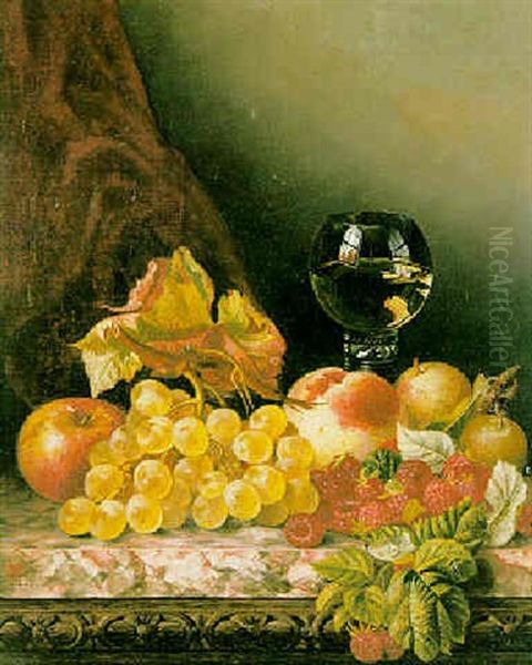 Still Life With Grapes, Raspberries, Apples And A Peach On A Marble Ledge Oil Painting by Edward Ladell
