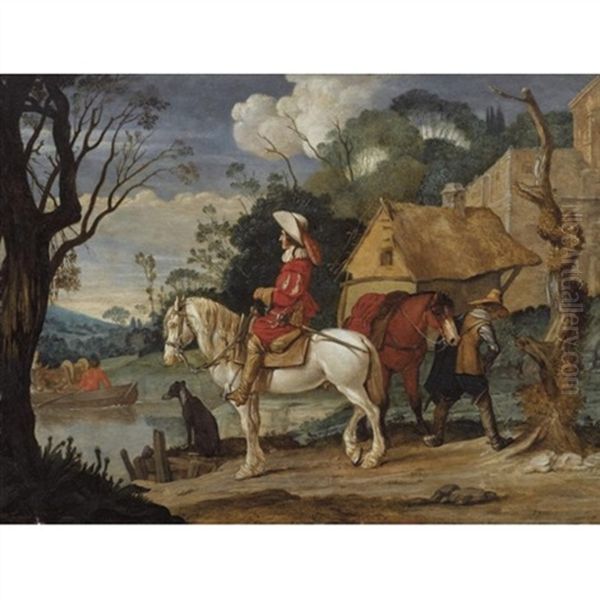 River Landscape With Cavaliers Waiting For A Ferry Oil Painting by Pieter Jacobsz. van Laer