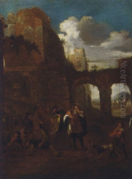 Peasants And A Dog Amongst Classical Ruins Oil Painting by Pieter Jacobsz. van Laer