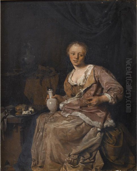 Jeune Femme Dans Un Interieur Tenant Un Verre Oil Painting by Cornelis (Pietersz.) Bega