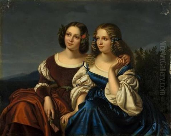 Zwei Junge Damen Vor Landschaft Oil Painting by Karl Begas