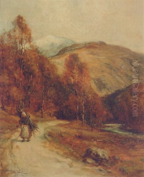 A Faggot Gatherer In A Highland Landscape Oil Painting by James Garden Laing
