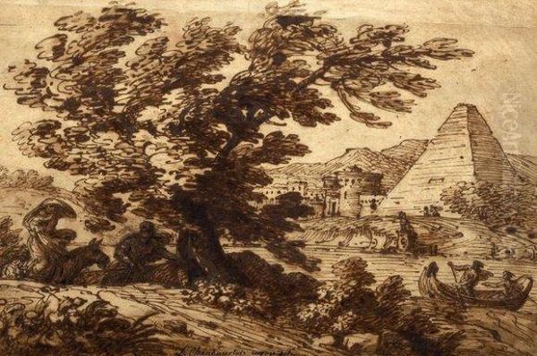 Sainte Famille Dans Un Paysage Fluvial Avec La Pyramide Desextius Oil Painting by Rene-Louis-Maurice Beguyer De Chancourtois