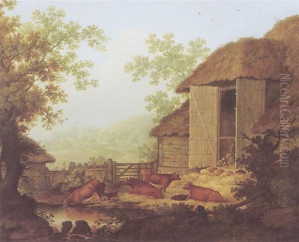 Cattle And Pigs Outside A Threshing Barn Oil Painting by James Lambert the Elder