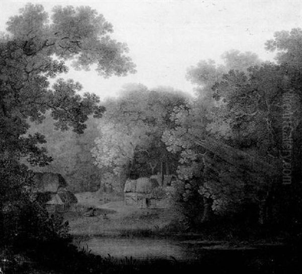 Cottage In A Wooded Autumn Landscape Oil Painting by James Lambert the Elder