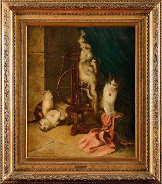 Les Chatons Et Le Rouet Oil Painting by Louis Eugene Lambert