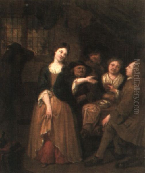 Interior Scenes With Figures Drinking And Playing Cards At Tables Oil Painting by Jan Baptist Lambrechts