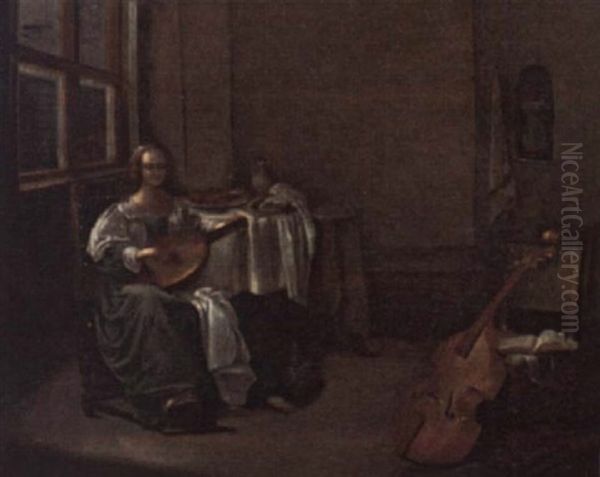 Lady Playing The Lute Oil Painting by Christoffel Jacobsz. Van Der Lamen