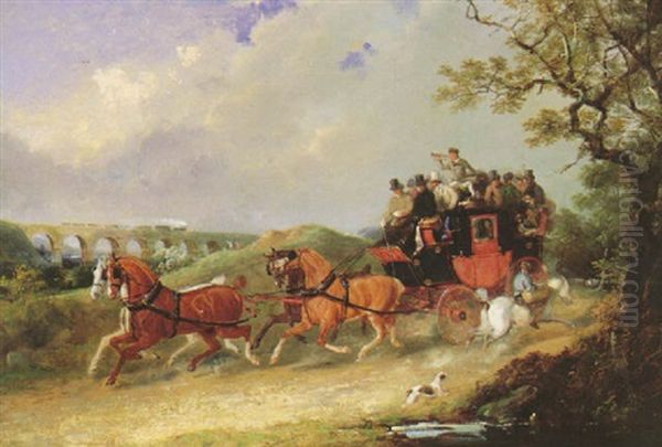A Coach And Four On A Country Lane, With A Steam Engine Crossing A Viaduct Oil Painting by Eugene Louis Lami