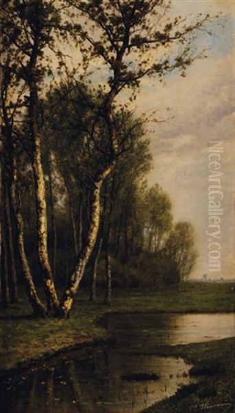 Paysage De Riviere Et Bouleaux Oil Painting by Jean Pierre Francois Lamoriniere