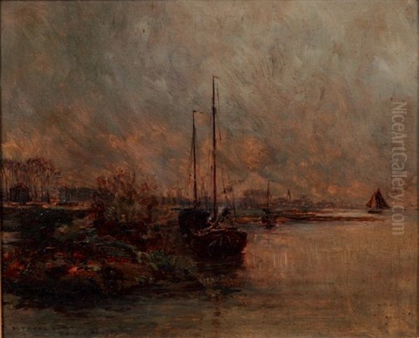 Le Port De Dordrecht Oil Painting by Pierre (Desire Eugene) Franc Lamy