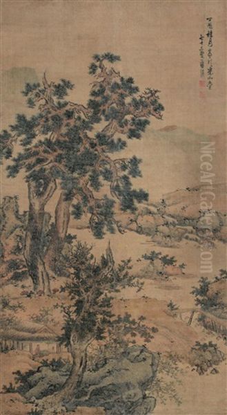 Conversation Under Pines In Autumn Oil Painting by  Lan Ying