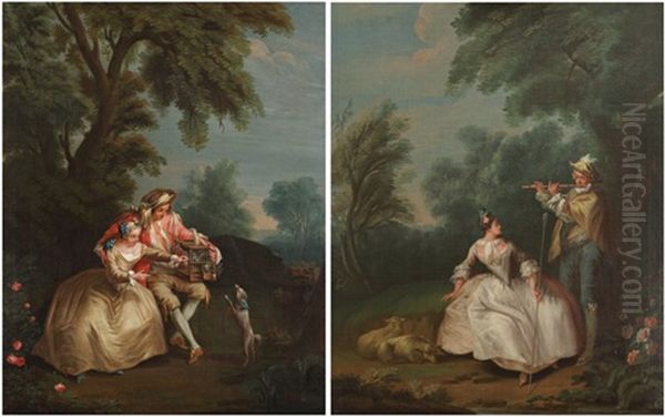 Couple Tenant Une Cage A Oiseaux (+ Couple De Bergers Se Reposant; Pair) Oil Painting by Nicolas Lancret