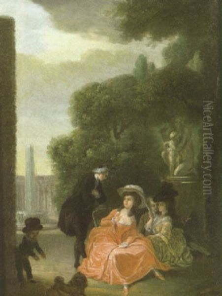 Elegant Figures Gathered In A Garden By A Statue Oil Painting by Nicolas Lancret