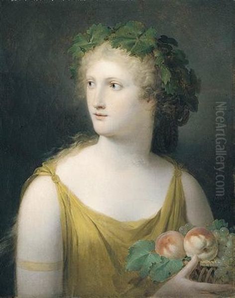 Portrait Of A Lady Wearing A Yellow Dress And Holding A Basket Of Fruit Oil Painting by Charles Paul Landon