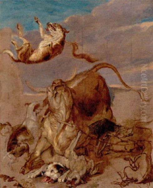 Bull Attacked By Dogs Oil Painting by Sir Edwin Henry Landseer